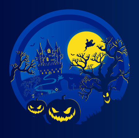 Halloween night background, pumpkins and dark castle.Halloween poster dark blue.のイラスト素材