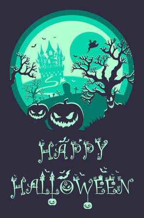 Halloween night background, pumpkins and dark castle. Halloween green poster.のイラスト素材