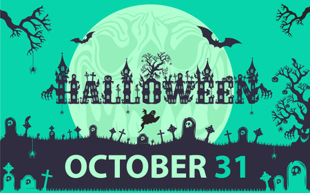 Halloween green background. Pumpkins and cemeteryのイラスト素材