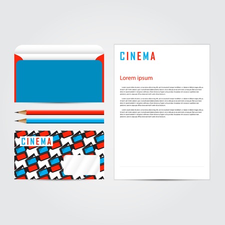 Cinema 3d corporate concept identity template set. Business stationery mock-up. Branding design. Letter envelope, card, banner, label, pen, pencil, badge  letterhead Vector illustrationのイラスト素材