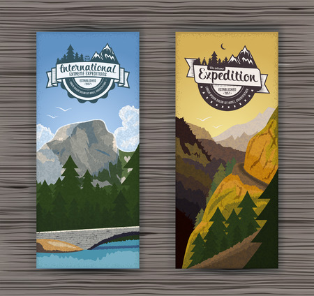 Tourism hiking holidays forest landscape with mountain peaks and two vertical banners. Set abstract isolated vector illustrationのイラスト素材