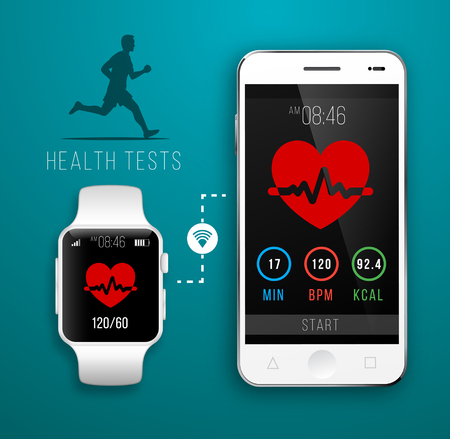 Smart Watch with Fitness application for health. Synchronization of devices. Illustration in flat styleのイラスト素材