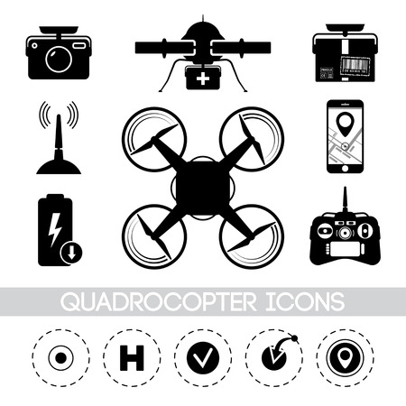 Illustration with different quadrocopters icons in minimal style. Drone with cameraのイラスト素材
