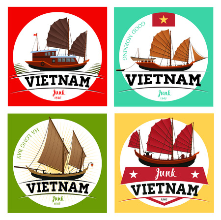 Junk boat, Halong Bay, Vietnam junk. Labels of junk boat.のイラスト素材