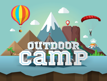 Outdoor camp, poster with 3d text. Travel and tourismのイラスト素材