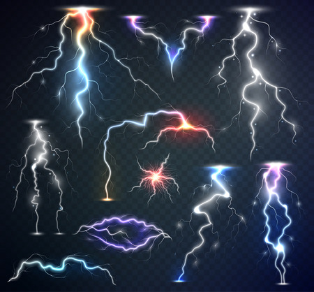 Set of the isolated realistic lightnings with transparency for design. Natural effects. Magic and bright lighting effects. Thunder-storm and lightnings.のイラスト素材