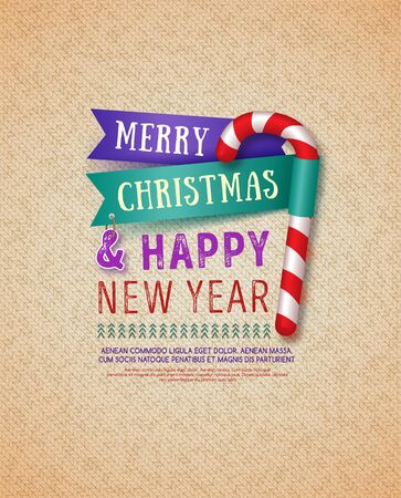 Christmas and New Year poster. Christmas Messages and objects on knitting background.のイラスト素材