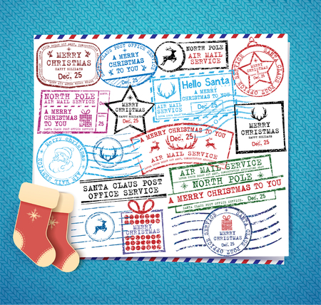 Christmas stamps set. Retro Christmas stamp. Passport Stampsのイラスト素材