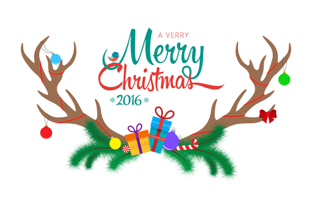 Greeting Card with antlers on white background. Merry Christmas lettering. illustrationのイラスト素材