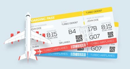 Airline boarding pass tickets. Booking tickets. Two tickets on aircraft. Web templateのイラスト素材