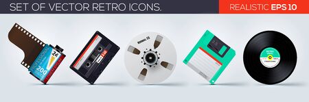 Set of retro icons. 35mm film, floppy disk, vinyl record, bobine, cassette. Vector illustrationのイラスト素材