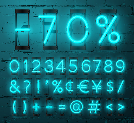 Neon Light Alphabet Vector Font. Numbers and punctuation marks. Neon tube letters on Brick wall backgroundのイラスト素材