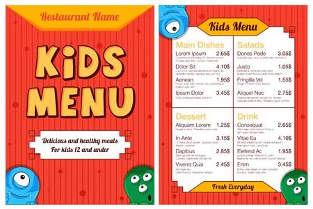Cute colorful kids meal menu with monsters. Vector templateのイラスト素材