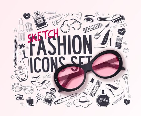 Set of fashion icons. Big vector fashion sketch set. Beauty and wellness items. Vector background for your design.のイラスト素材