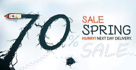 Spring Sale Banner, 70% Off, Hurry! Spring thaw, view from above.のイラスト素材