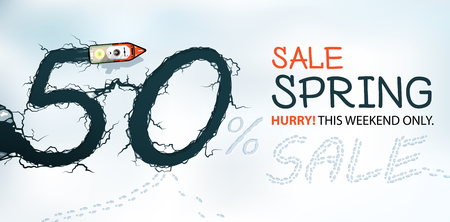 Spring Sale Banner, 50% Off, Hurry! Spring thaw, view from above.のイラスト素材