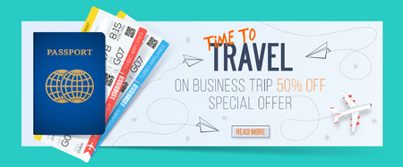 Special offer on business Travel. Business trip banner. Passport with tickets. Air travel concept. Business travel illustration. 50% off.のイラスト素材