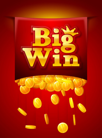 Big win poster with Falling golden coins. Big Win banner. playing cards, slots and roulette.のイラスト素材