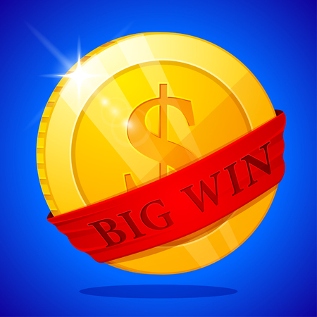 Big win poster with golden coin. Big Win banner. playing cards, slots and roulette.のイラスト素材