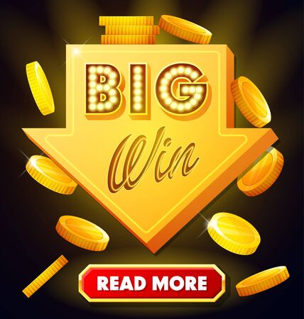 Big win poster with falling golden coins. Big win banner with arrow and button. playing cards, slots and roulette. Retro sign with lamp Big Winのイラスト素材
