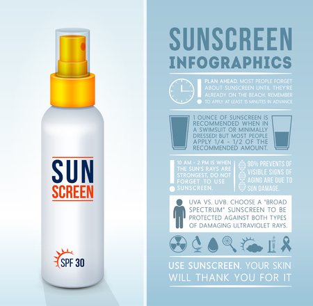 Sun protection infographics. Sunscreen spray. Sun safety tips. sunblock product. Vector illustrationのイラスト素材