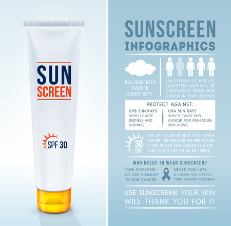Sun protection infographics. Sunscreen cream. Sun safety tips. sunblock product. Vector illustrationのイラスト素材