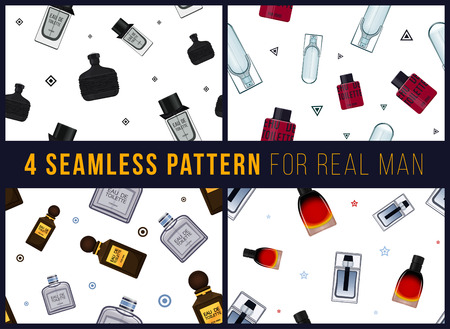 Four seamless pattern for real man. It can be used for packing. Male fragrance. Eau de toilette. Perfume for men. Vector illustrationのイラスト素材