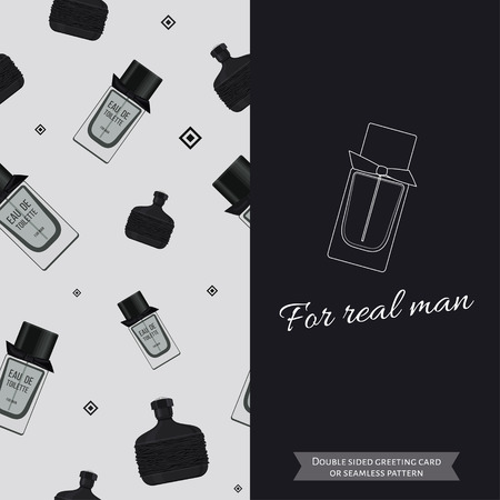 Double sided modern greeting card for man. Seamless pattern. Male fragrance. Eau de toilette. Perfume for men. Vector illustrationのイラスト素材