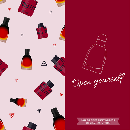 Double sided modern greeting card for man. Seamless pattern. Male fragrance. Eau de toilette. Perfume for men. Vector illustrationのイラスト素材
