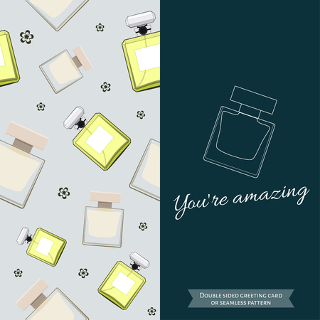 Double sided modern greeting card for fashionable women. Seamless pattern. Women fragrance. Eau de toilette. Perfume for female. Vector illustrationのイラスト素材