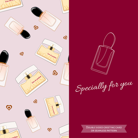 Double sided modern greeting card for fashionable women. Seamless pattern. Women fragrance. Eau de toilette. Perfume for female. Vector illustrationのイラスト素材