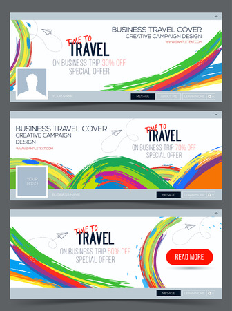 Time to Travel. Colorful vector Web Banner, Header Layout Template. Creative cover.  Header Layout Template for travel businessのイラスト素材