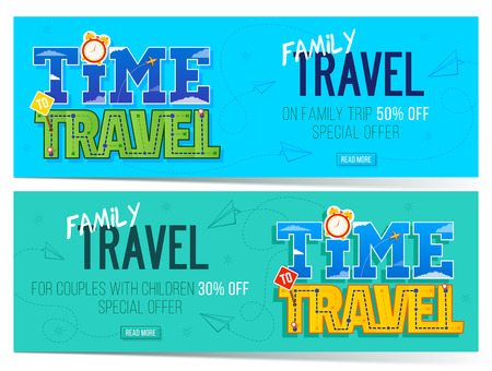 Time to family travel banner. Can use for marketing, promotion, flyer, blog, web, social media. Template for family trip.のイラスト素材