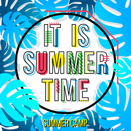 It's Summer time poster template. Summer camp poster with tropical leaf and lettering summer time. Summer time background. Vector illustration.のイラスト素材