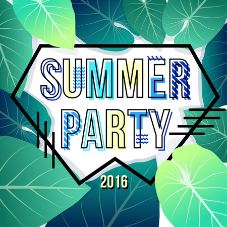 It's Summer time poster template. Summer party poster with tropical leaf and lettering  summer party. Summer time background. Vector illustration.のイラスト素材