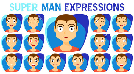 Set of man expressions collection. Emotion and avatar.  Variety of emotions - joy, sadness, hurt, shock, joy, inspiration. vector illustrationのイラスト素材