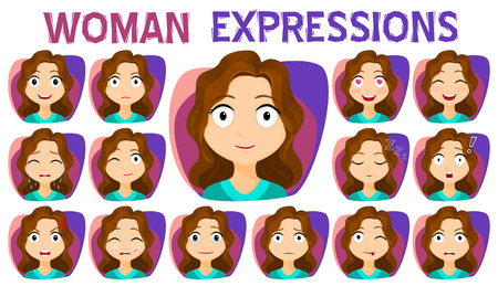Girl with different facial expressions set. A variety of facial expressions of women. Stock vectorのイラスト素材