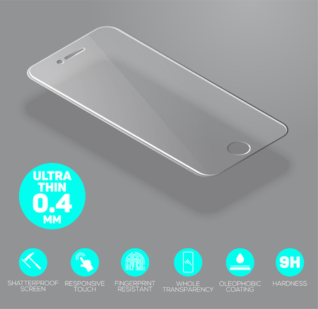 Screen protect Glass. Vector screen protector film or glass cover isolated on grey background. Mobile accessory. Vector illustrationのイラスト素材