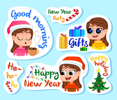 Set of new year stickers or magnets. Festive souvenirs. holidays sticker label. Vector illustrationのイラスト素材