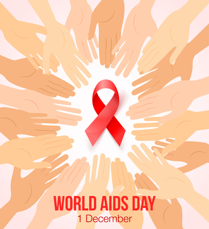 Worlds Aids day card 1 december. Hands joined in circle around red ribbon symbol. Realistic red ribbon, World Aids Day awareness symbol, isolated on white.のイラスト素材