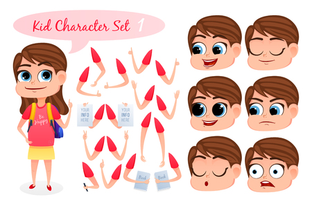 Kid Character Set with parts of body for design work and animation. Face and body elements. Girl character for your scenes. Vector illustration.のイラスト素材