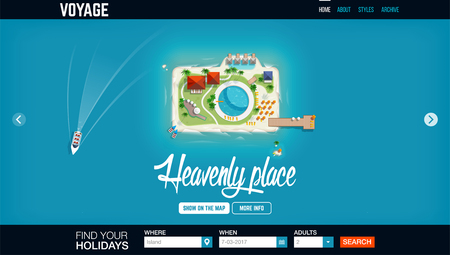 Top view of the island in the form of a camera. Concept  website header template. Time to travel and vacations banner. Holiday trip. Travel and tourism. Heavenly placeのイラスト素材
