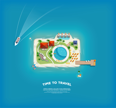 Top view of the island in the form of a camera. Time to travel and vacations poster. Holiday trip. Travel and tourism.のイラスト素材