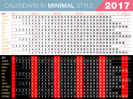Simple 2017 calendar. Horizontal orientation, linear minimal style. Set of 12 Months, Week Starts Sunday. Vector Illustrationのイラスト素材