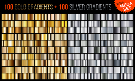 Vector mega set of gold and silver gradients. Golden and silver squares collection. Golden background texture. Mega collection metallic and golden gradient illustration.のイラスト素材
