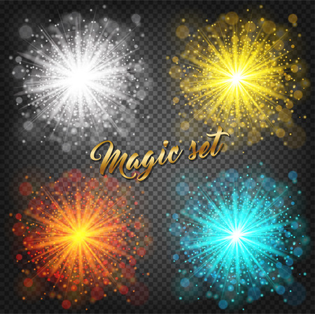 Set of glow light effect on transparent background. Star burst with sparkles. Gold, silver, orange, blue glitter. Vector stockのイラスト素材