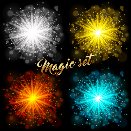 Set of transparent glow light effect on black background. Star burst with sparkles. Gold, silver, orange, blue glitter. Vector stockのイラスト素材