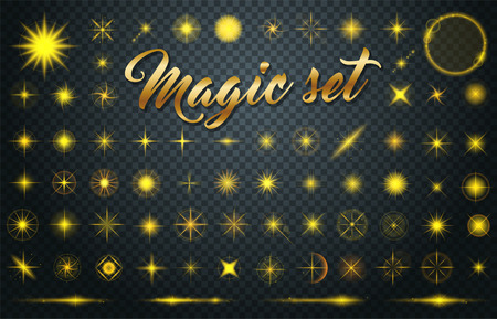 Large set of realistic Gold stars bursts with sparkles on transparent background. Vector glowing light effect. Gold Transparent stars. Vector illustrationのイラスト素材