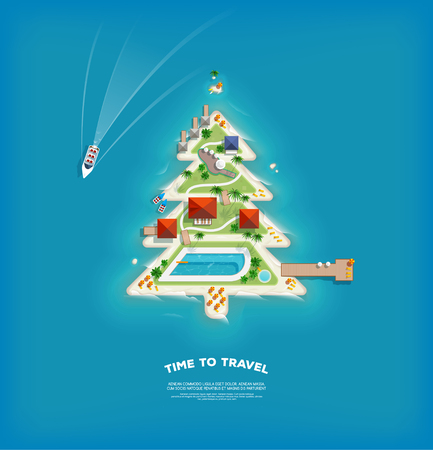 Creative poster with Island in the form of a Christmas tree. Vacation holiday banner. Top view of the island. Holiday trip. Travel and tourism.のイラスト素材