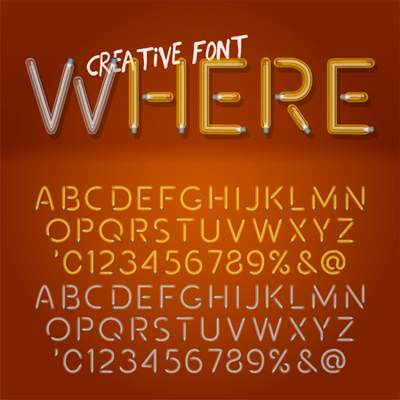 Creative realistic lamps font. Light Bulb Text Effect. Vector light bulb lamp alphabet, isolated on orange background. Vector illustrationのイラスト素材